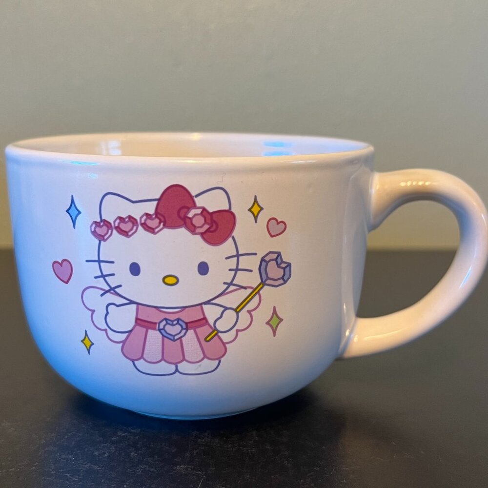 Vintage Sanrio HELLO KITTY Ceramic Wide Mouth Mug Bowl Fairy Gemstones 17oz 2002
